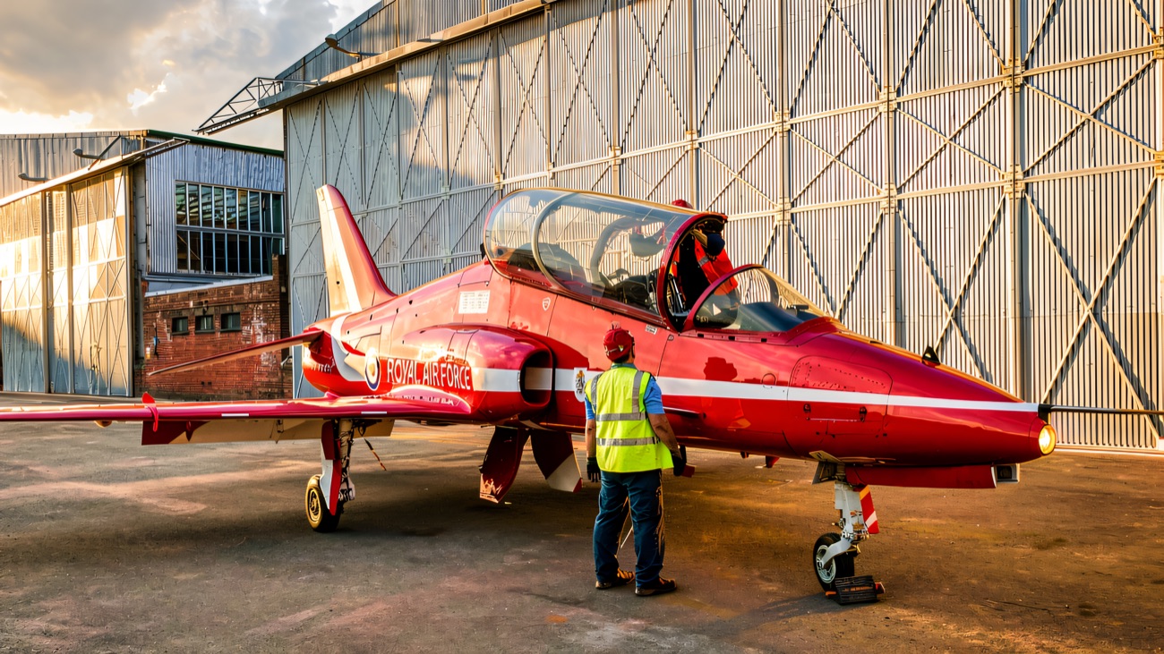 A red RAF Hawk on the apron outside the hangar doors