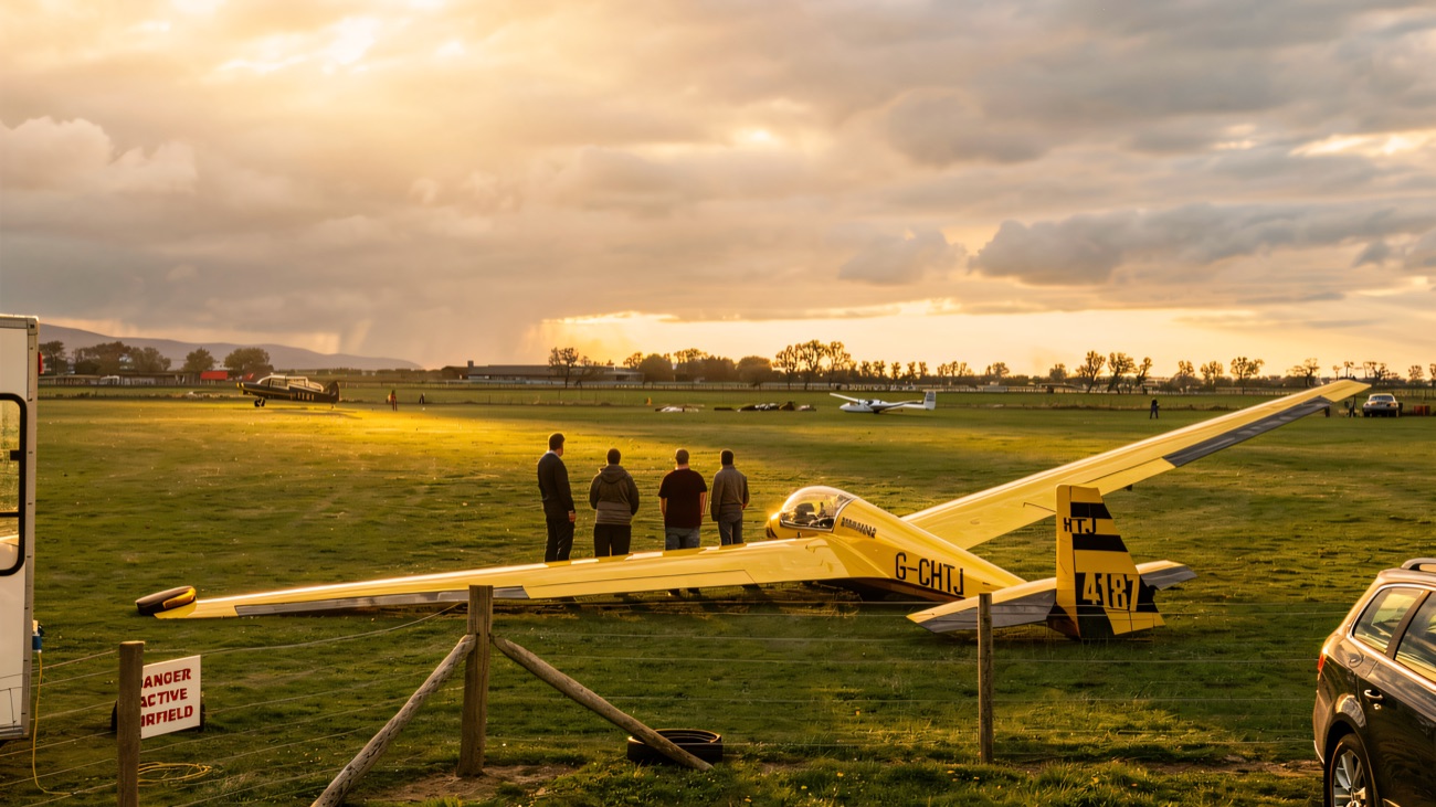 A yellow glider parked on the airfield with another glider landing away in the distance