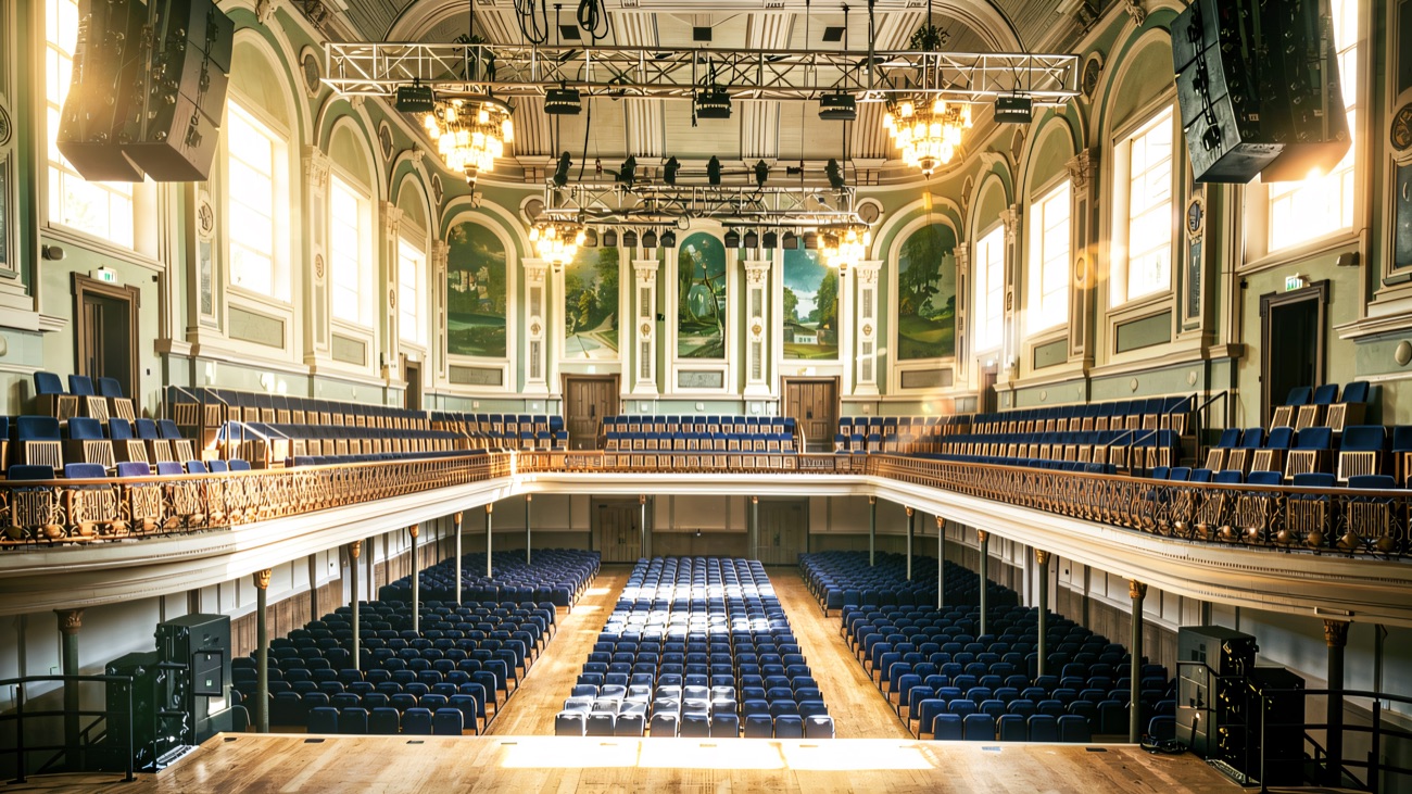 The grand hall with its blue seats, murals and ornate balconies
