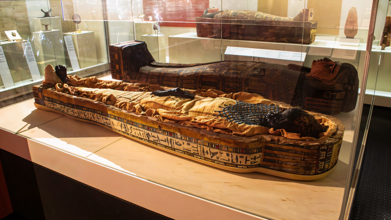 An ancient Egyptian mummy and painted coffin in a glass case in the museum's Egypt gallery