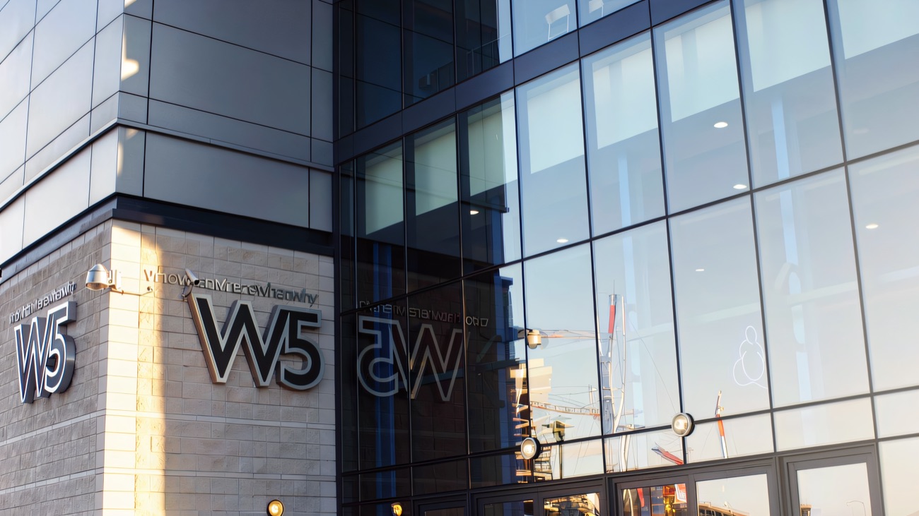 The W5 entrance with the big W5 logo on a glass frontage