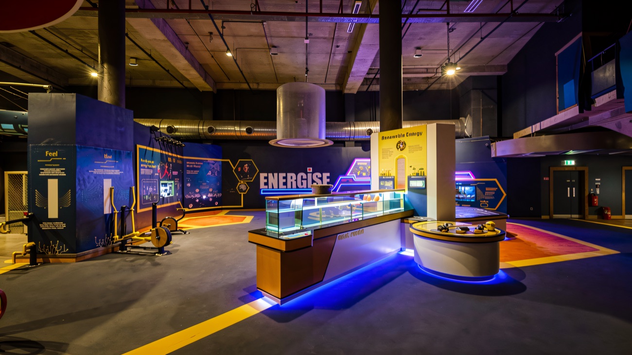 The colourful Energise exhibit floor inside W5, with hands-on interactive stations glowing blue and yellow