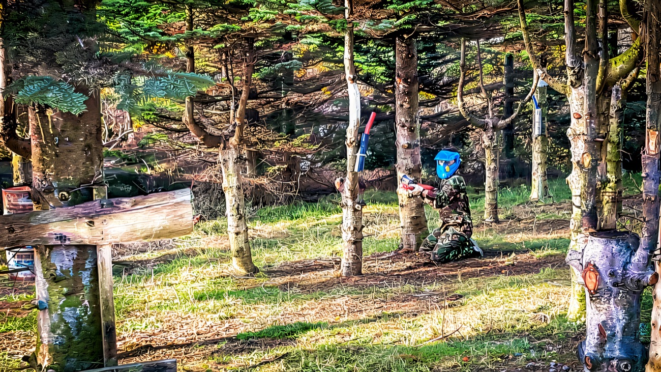 A masked player crouching among the conifers on the forest playing field