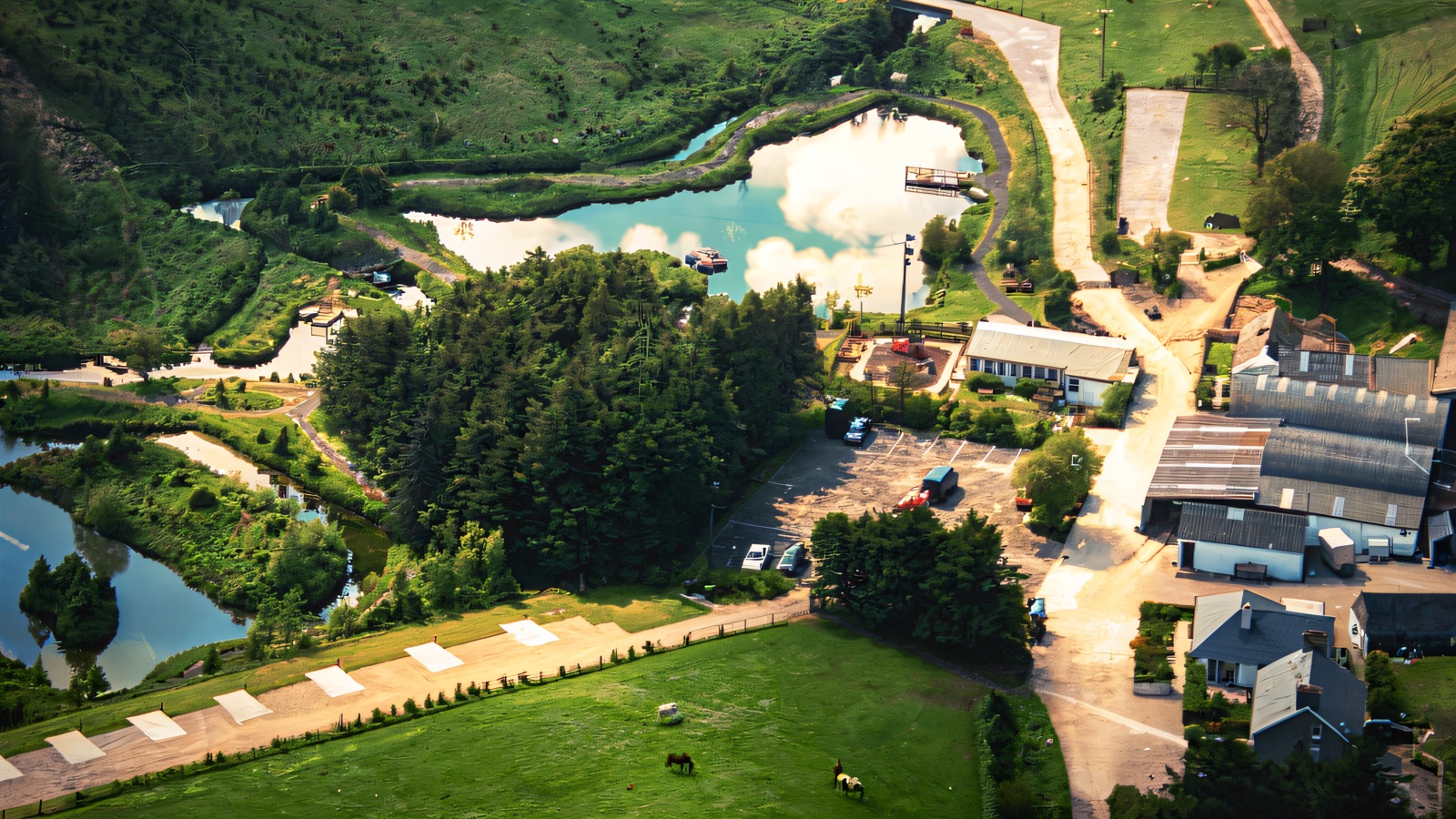 Aerial view of Watertop Farm showing its lake and fishing ponds, farm buildings and ponies grazing in the field, ringed by the green Glens of Antrim hills