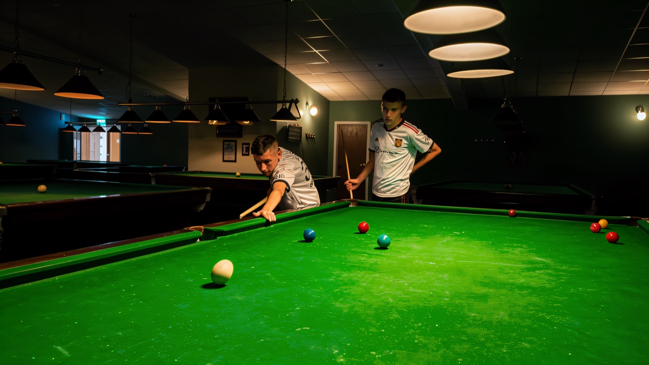 Lining up a pool shot on the baize