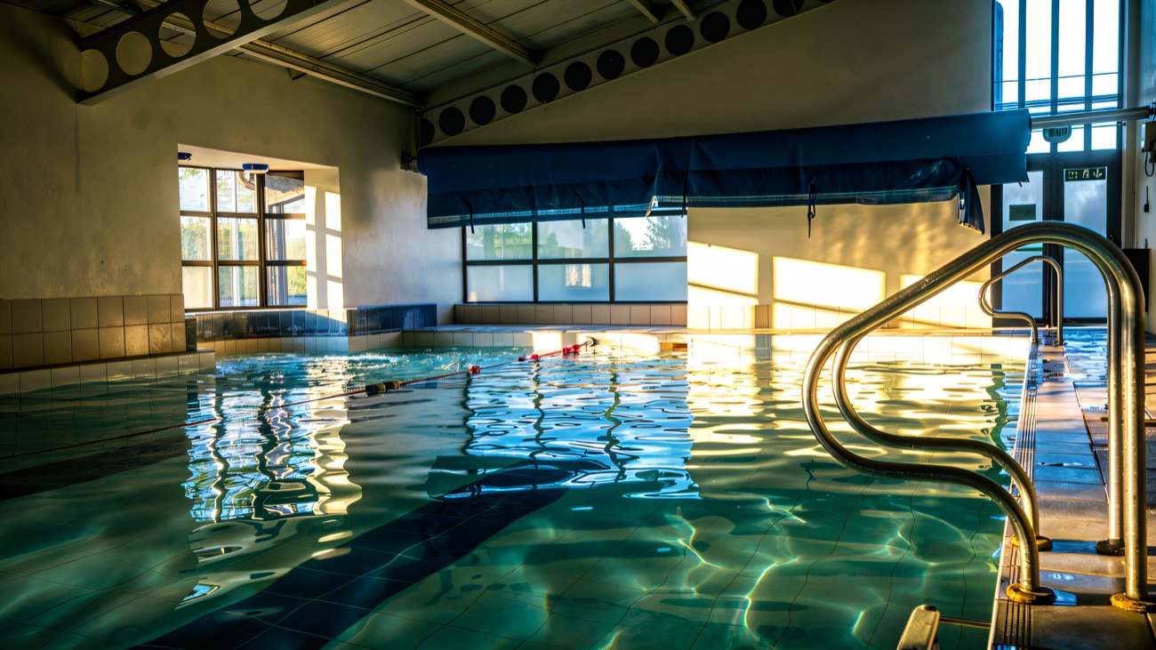 The 20-metre indoor pool, quiet and bright under a high beamed ceiling.