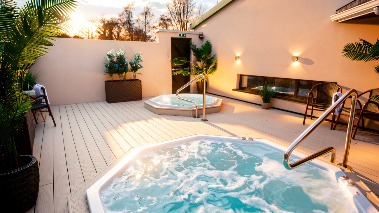 Two outdoor hot tubs bubbling on a decked terrace with potted palms.