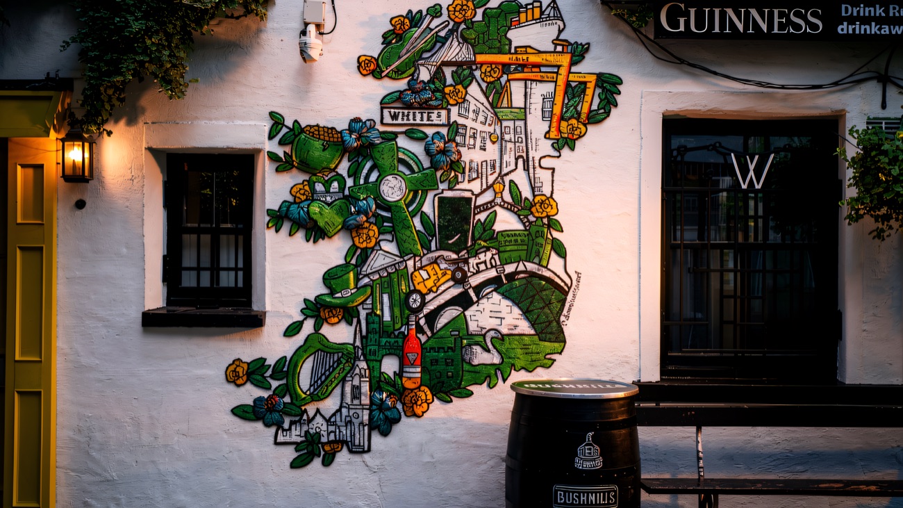 A painted map-of-Ireland mural on the whitewashed courtyard wall