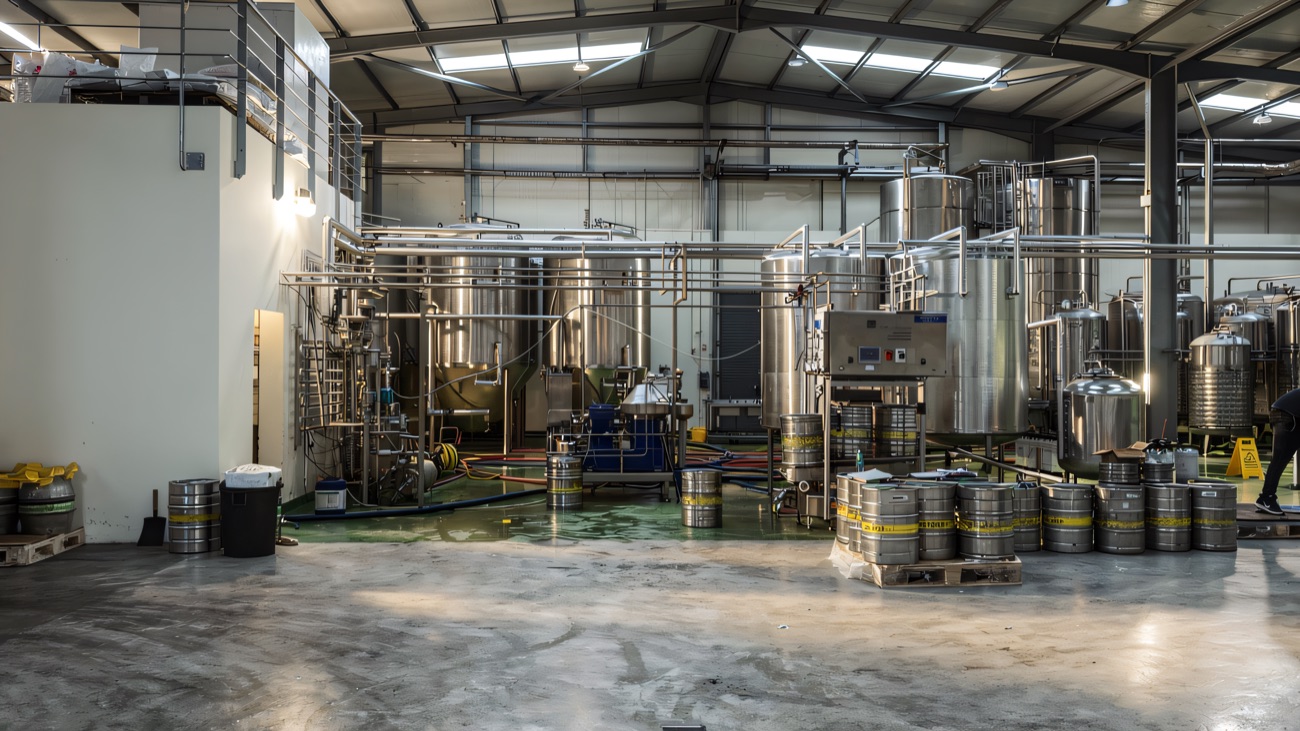 Inside the production hall: tall stainless steel tanks, pipework and stacks of metal kegs.