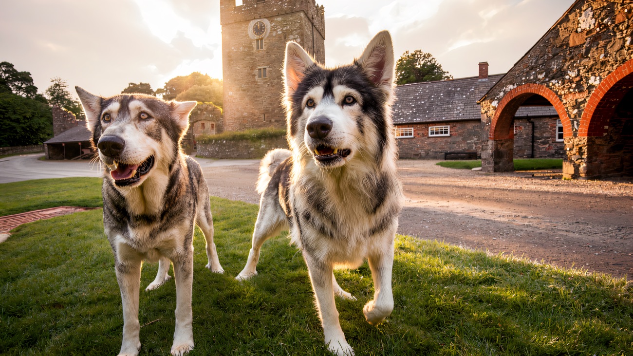 The direwolves come bounding across the grass in front of Winterfell