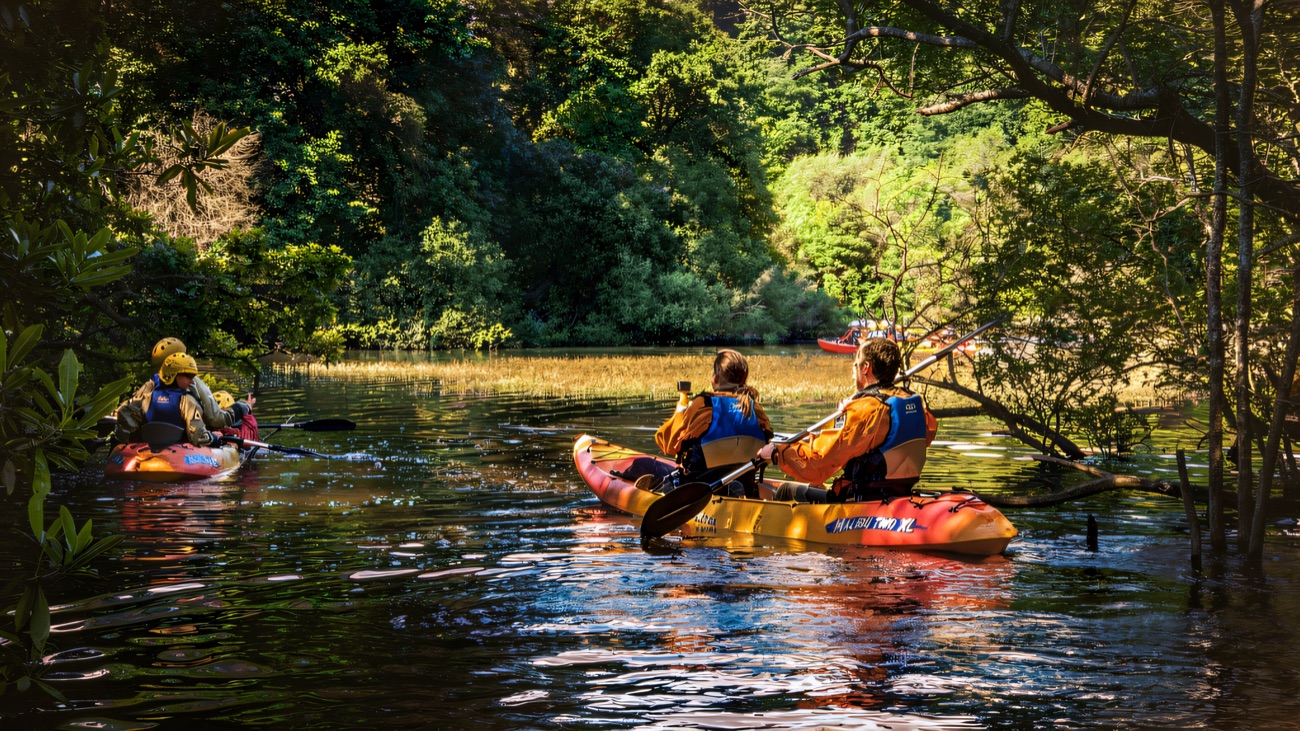 Kayaking a wooded, mirror-still stretch of river